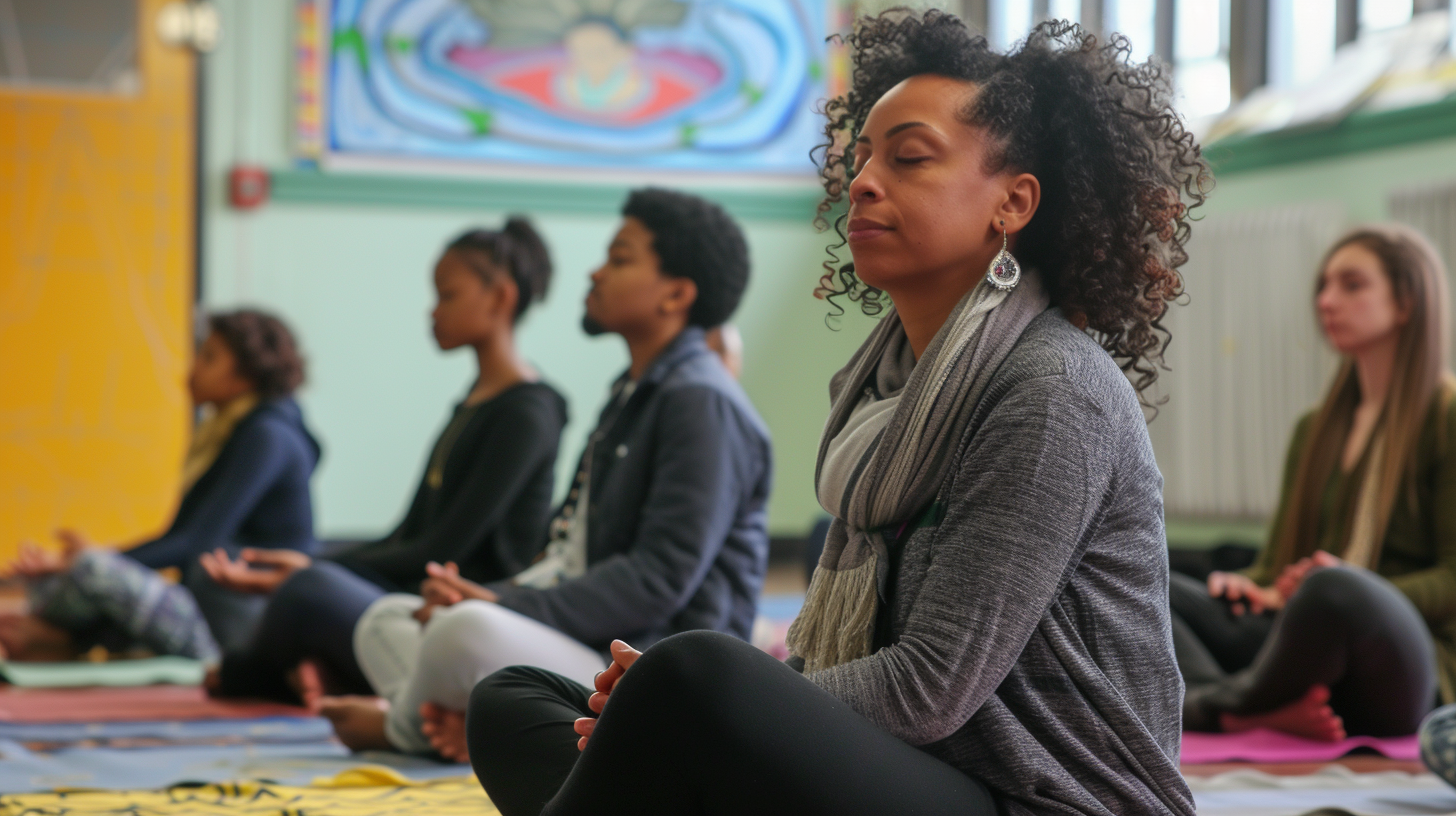 Students engaged in a guided meditation workshop